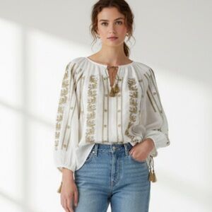 Nili Lotan Geneve Gold Embroidered Ramie Woven Tassel Blouse XS